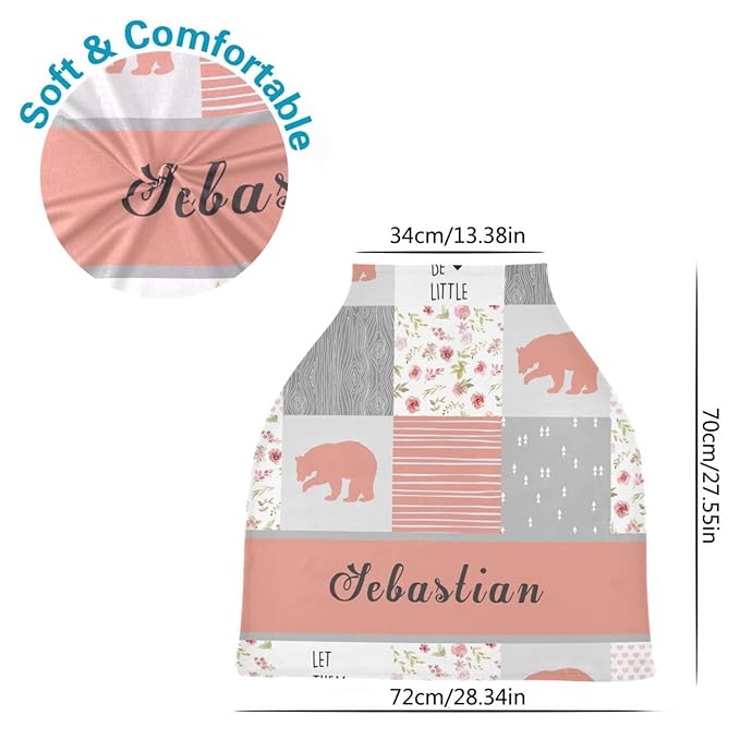 Personalized Baby Name Car Seat Covers for Girls Babies Infant - Customized Woodland Bear Nursing Cover Breastfeeding Scarf, Multiuse Carseat Cover, Infant Car Canopy