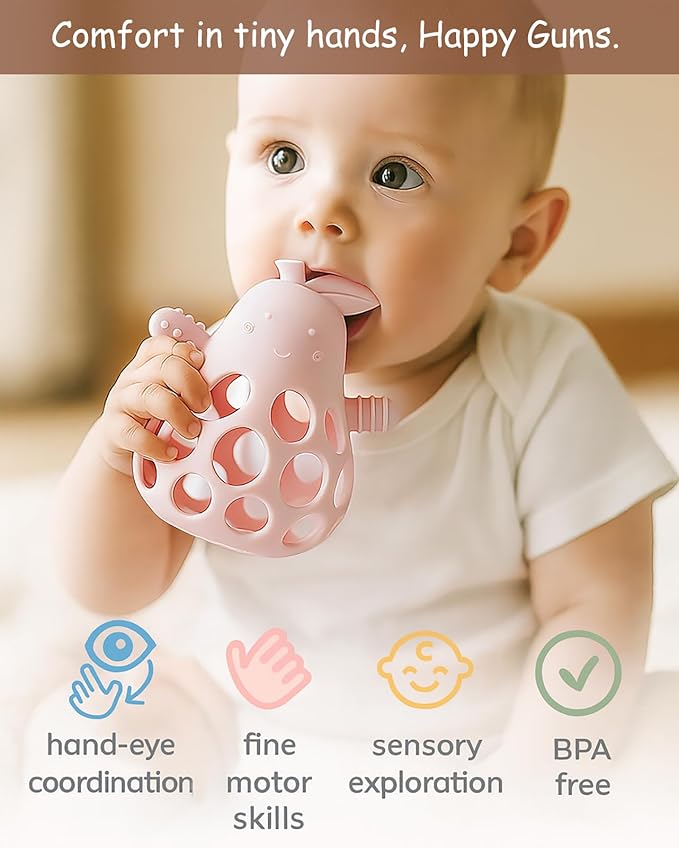 Baby Teething Toy Silicone Teether for Infants, Pear-Shaped Design with Easy-Grip Hole and Nipple-Shaped Ends for Gum Massage & Sensory Development, BPA-Free Safe Baby Chew Toy YIVEKO-Ivory+Blue