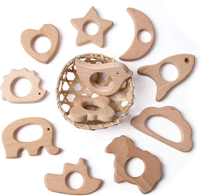 Wood Teethers for Babies DIY Necklace and Bangles Soothes Gum Pain Molar Teething Wood, Bird Elephant Sheep Moon Rocket Butterfly Star Heart Hedgehog Ship Cloud