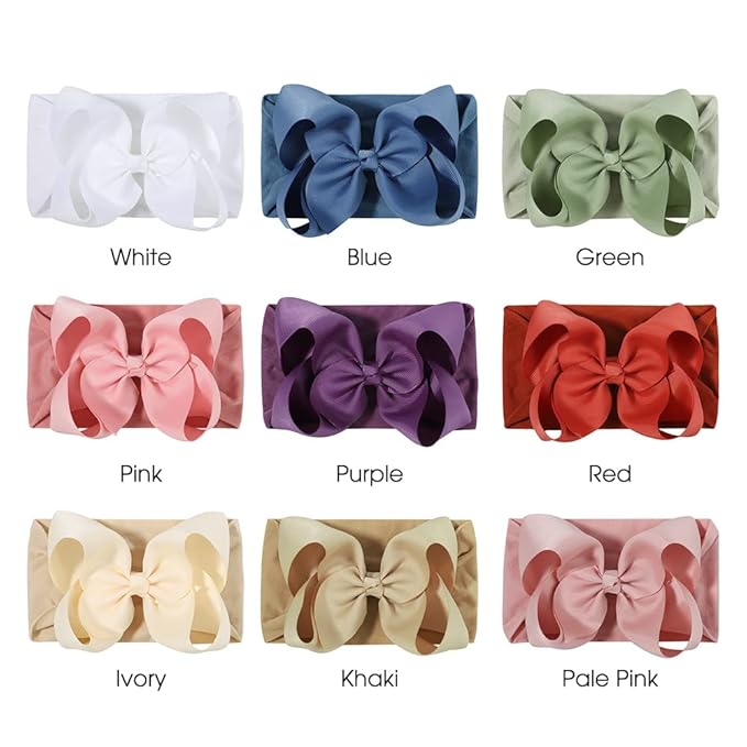 JIAHANG Grosgrain Ribbon Bow Nylon Headbands, 5.3 Inches Hair Bow Soft Turban Headwrap 9Pcs for Baby Girls Newborns Infants Toddlers (40KF-ribbon flower)