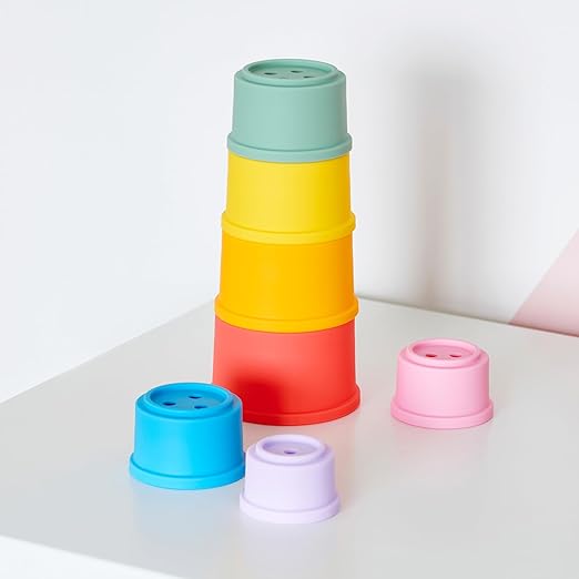 tickit Silisoft Round Colorful Stacking Cups, 7 Soft Silicone Stacking, Nesting & Sensory Play Cups for Baby’s Fine Motor Skills and Early Learning, Rainbow