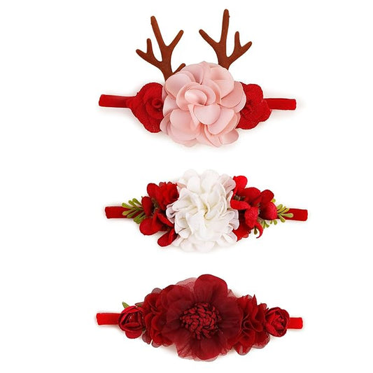 Baby Girl Flower Christmas Headband 3 PCS Elastic Hairbands Handmade Nylon Bows Headbands Chic Floral Hair Accessories Kids XMAS Gifts for Newborn Infant Toddlers