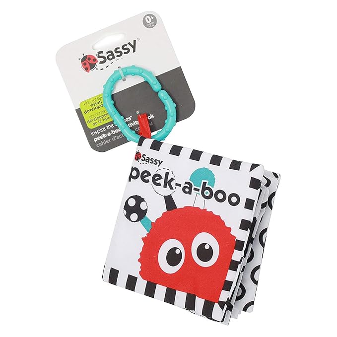 Sassy Peek-a-Boo Activity Book with Attachable Link for On-The-Go Travel, Sensory Play, Black & White, Ages 0+ Months