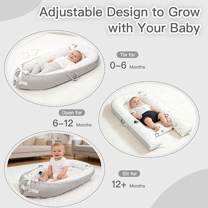Baby Lounger | Organic Cotton Infant Lounger | Reversible, Adjustable & Portable Floor Lounger | Soft, Breathable, Washable Cover