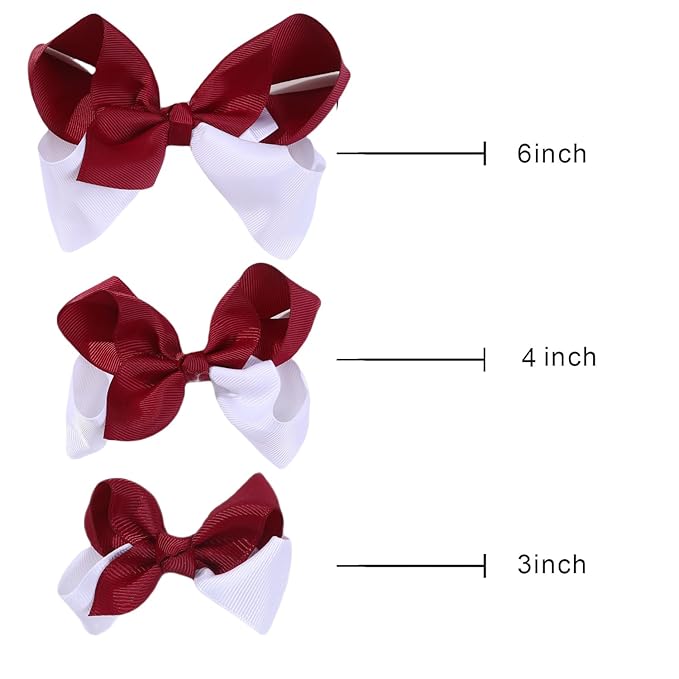 Maroon and White Bows for Girls,6PCS Hand-made Grosgrain Ribbon Hair Bows Alligator Clips Hair Accessories for Little Teen Toddler Girls Kids (Maroon/White)
