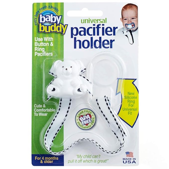 Baby Buddy Universal Pacifier Holder Clip -Snaps to Paci or Attach with Universal-Fit Silicone Ring, Pacifier Clip for Babies 4 Months and Up/Toddler Boys & Girls, Must Haves, White with Black Stitch