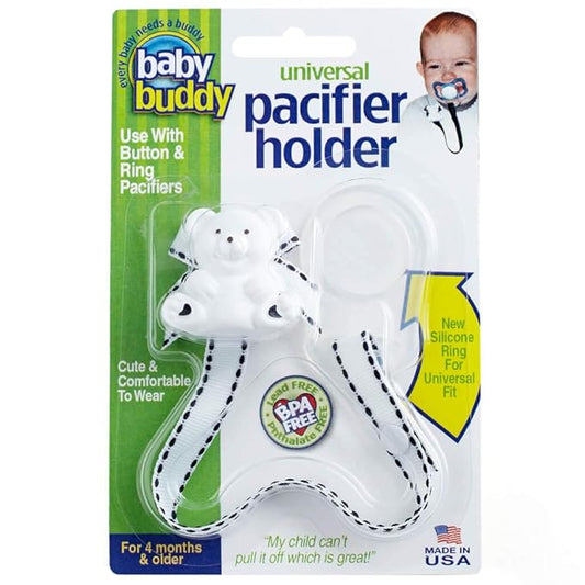 Baby Buddy Universal Pacifier Holder Clip -Snaps to Paci or Attach with Universal-Fit Silicone Ring, Pacifier Clip for Babies 4 Months and Up/Toddler Boys & Girls, Must Haves, White with Black Stitch