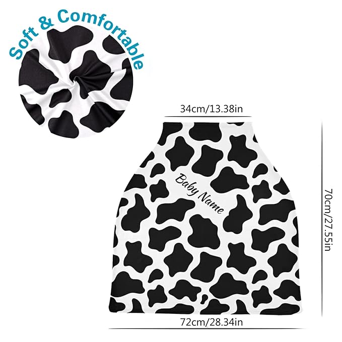 Personalized Cow Stripes Baby Car Seat Covers with Name, Custom Nursing Cover Breastfeeding Scarf Soft Breathable Stretchy Coverage, Infant Stroller Cover for Boys Girls