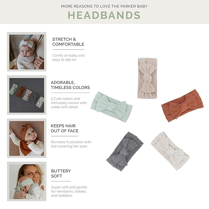 Parker Baby Cable Knit Nylon Headbands 5 Pack | Soft, Stretchy & Comfortable Bows for Girls | Adjustable, Soft to Touch & Knotted Headbands for Baby Girls | Baby Headwraps for Girls | Multiple Colors