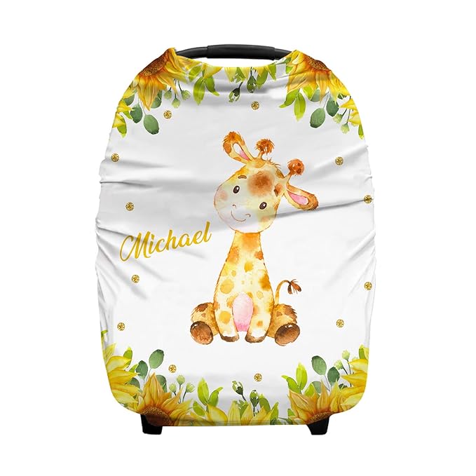 Personalized Baby Car Seat Covers with Name, Custom Nursing Cover Breastfeeding for Babies, Carseat Canopy for Girls and Boys, Infant Stroller Cover, Breathable Carseats Cover (Giraffe Sunflower)