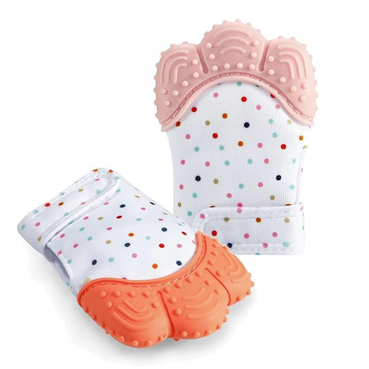 PandaEar Soothing Teething Mitten 2 Pack, Pain Relief, Protection Glove, Stimulating Teether (Orange Pink)