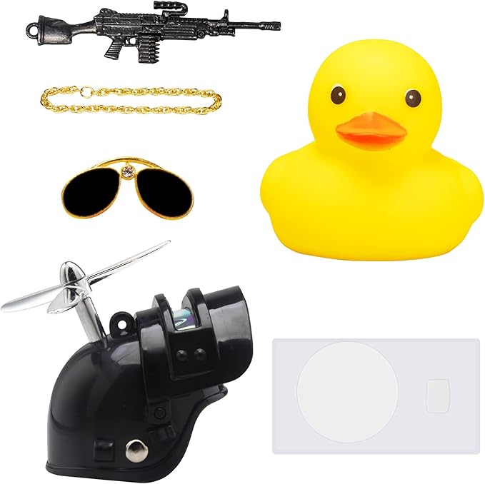 wonuu Rubber Duck Car Ornaments Cool Yellow Duck Car Dashboard Decorations Squeaky Glasses Duck with Propeller Helmet for Car ccessories Dashboard (Full_Black-Yellow G)