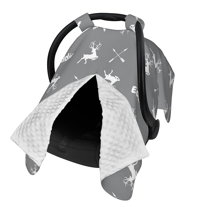 Personalized Jumping Deer Baby Infant Car Seats Canopy for Babies with Name, Custom Antlers and Arrows Lightweight Covers for Baby Boys Girls, Minky Nursing Stroller Cover for Newborn
