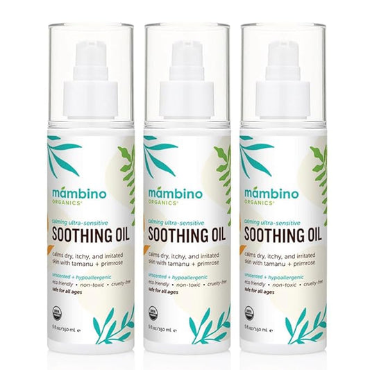 Mambino Organics Soothing Baby Oil, Organic Unscented Body Oil with Jojoba, Evening Primrose, Hydrates Dry, Itchy Skin, Gentle for Babies, Kids, Vegan, Baby Care Products, 3 Pack, 5 fl oz
