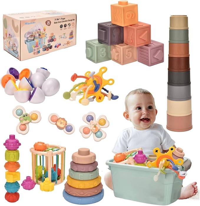 Baby Toys 6 to 12 Months 7 in 1 Montessori Teething Toys Sorting Sensory Educational Learning Gift for Toddlers Aged 1-3
