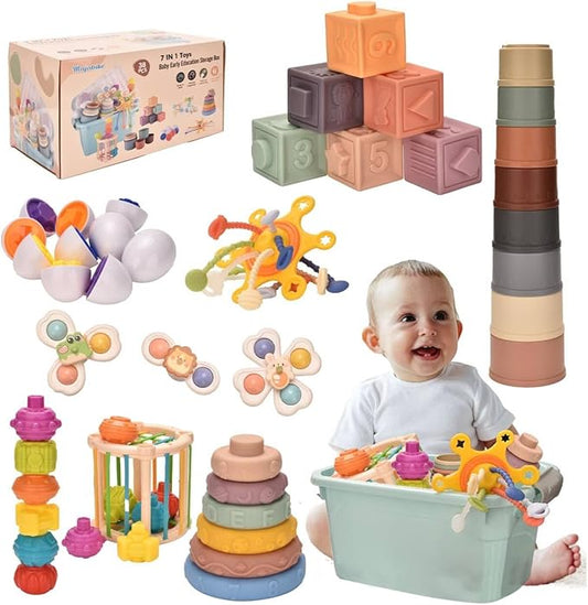 Baby Toys 6 to 12 Months 7 in 1 Montessori Teething Toys Sorting Sensory Educational Learning Gift for Toddlers Aged 1-3