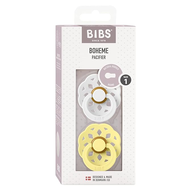 BIBS Boheme Pacifiers 2 Pack BPA Free Cherry Shape Nipple Natural Rubber Latex Made in Denmark |White/Sunshine | Size 0-6 Months