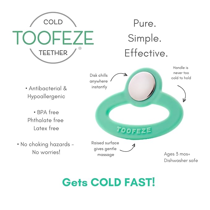 Ice Cold Baby Teether Toy Fast Pain Relief All Natural Silicone and Stainless Steel Ages 3 Mos+ (Mint Green)