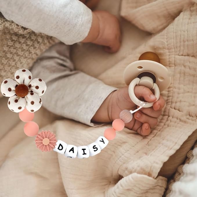 Personalized Baby Pacifier Clip with Name, Custom Floral Flower Silicone Pacifier Clip Baby Gift