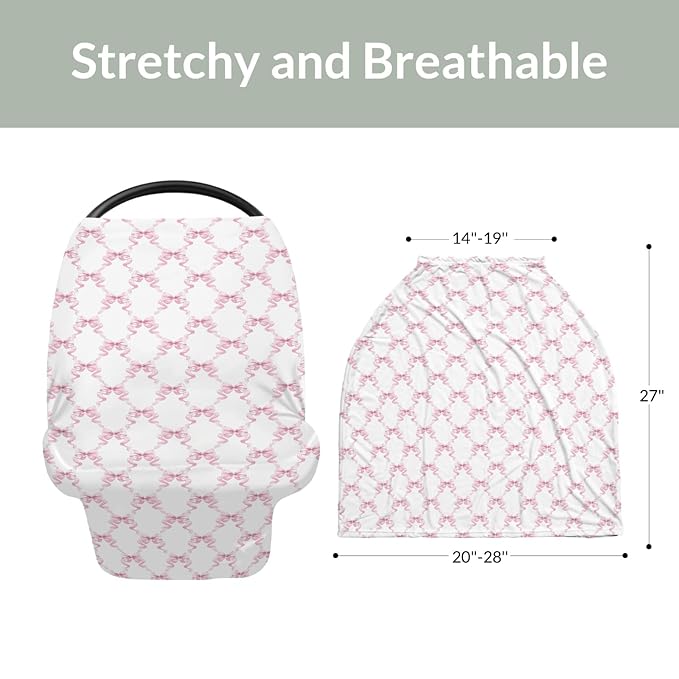 Pink Bows Ribbon Baby Car Seat Covers Pastel Baby Pink Ribbons Stretchy 5-in-1 Cover Adjustable Infant Carseat Cover Canopy Watercolor Bows Girly Breathable Nursing Cover-Up