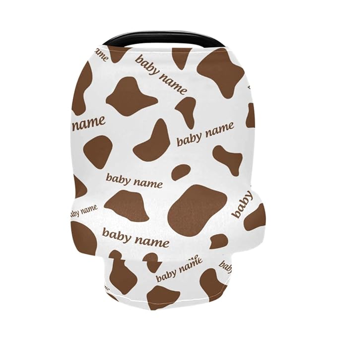 Personalized Baby Car Seat Cover for Babies, Custom Name Baby Car Seats Canopy for Boys Girls, Cow Stripes Brown Nursing Breastfeeding Stroller Covers for Infant Newborn, Shower Gift for Baby