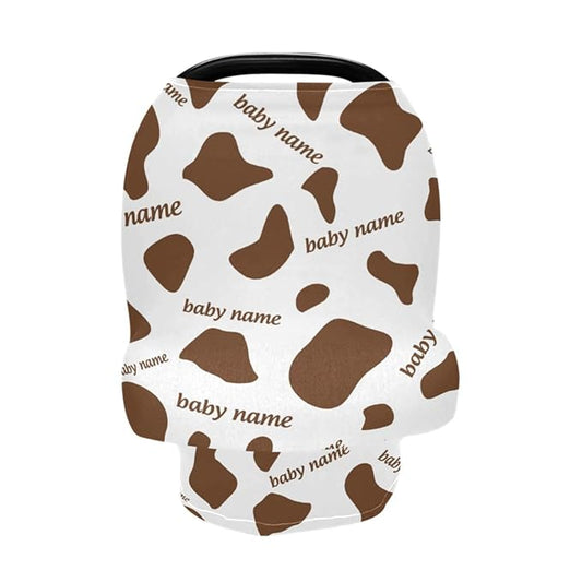Personalized Baby Car Seat Cover for Babies, Custom Name Baby Car Seats Canopy for Boys Girls, Cow Stripes Brown Nursing Breastfeeding Stroller Covers for Infant Newborn, Shower Gift for Baby