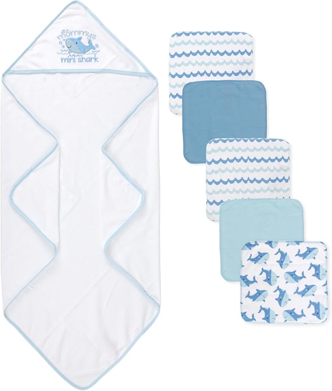 Baby Hooded Bath Towel and Washcloth Set for Infant Boys 6-12 Months (Mini Shark Blue)