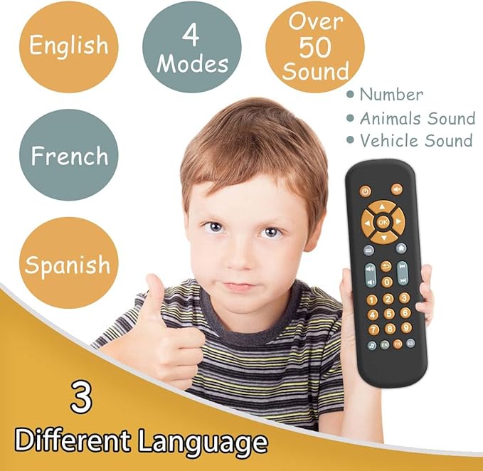 Baby TV Remote Control Toy with Music, TV Remote Toy with Realistic Light and Sound - English, French and Spanish 3 Language for Infant Toddler Play Remote Musical Toys, BPA Free