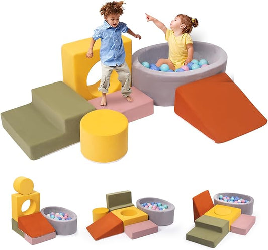Rinnebbit 6-Piece Foam Climbing Blocks for Toddlers, Climb and Crawl Soft Play Set, Machine Washable Cover, Indoor Activity Play Structure, Climbing Toys for Toddlers 1-3 (Multi-Color, w/Ball Pit)