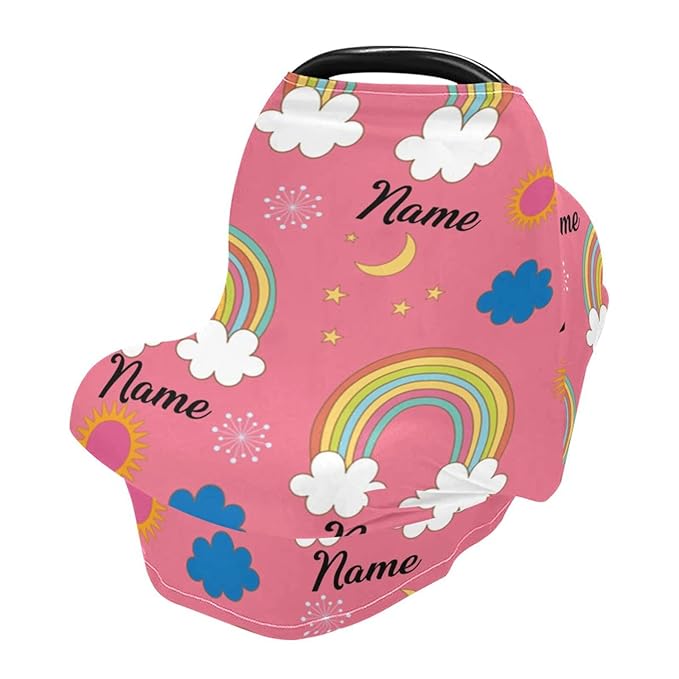 Personalized Pink Rainbow Baby Car Seat Cover for Girl, Customized Name Nursing Covers Breastfeeding Scarf Infant Carseat Canopy, Shower Gift for Newborn Girls Babies