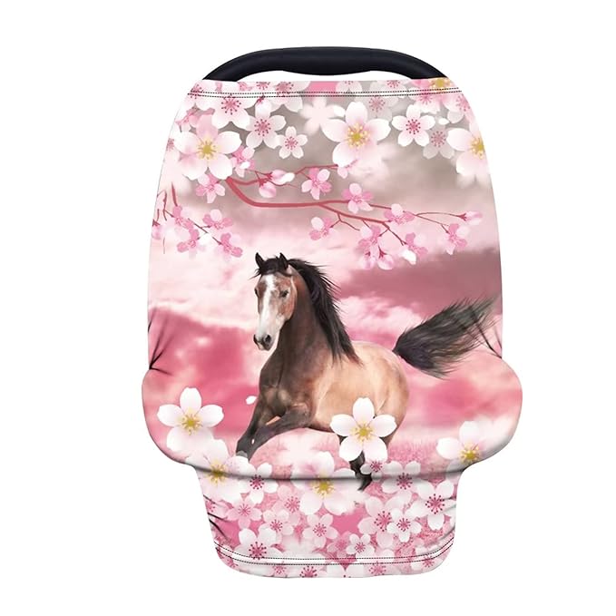 Forchrinse Pink Cheery Blossom Horse Baby Car Seat Cover Stretch Breastfeeding Cover Nursing Scarf Stretchy Infant Carseat Canopy for Boys Girls