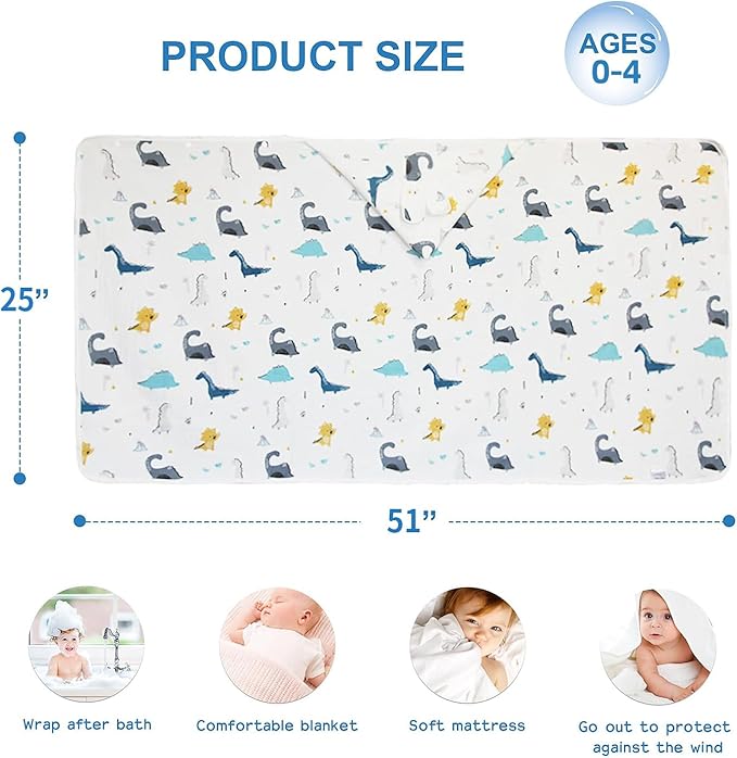 Muslin Hooded Towel Made from Organic Cotton 6-Layer Cotton Bath Towel, Soft Bath Towels 25x51inches for Toddler Baby and 0-4 Years Old Kids Dinosaur