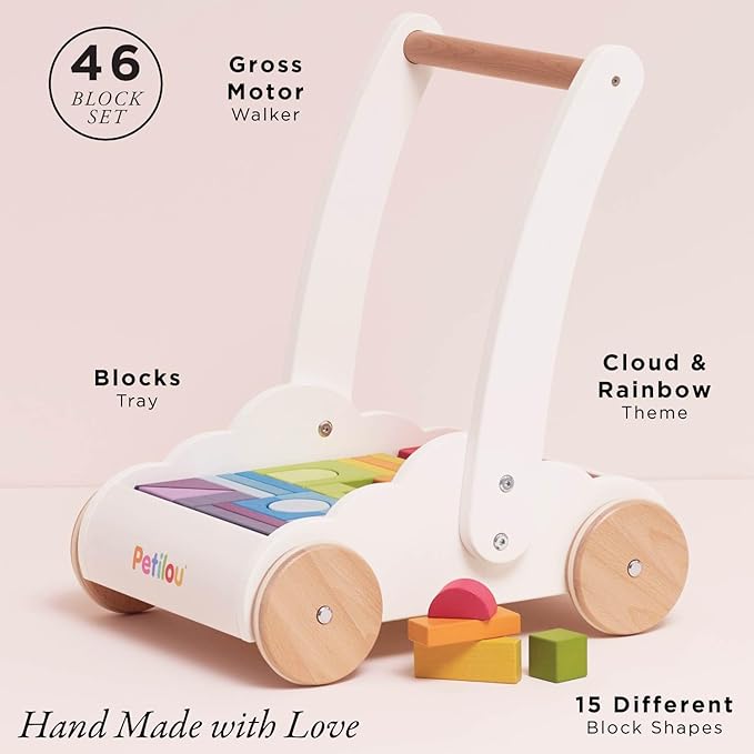 Le Toy Van - Petilou Wooden Walker Toy for Toddlers and Babies | Educational Rainbow Cloud Walker | Suitable for A Boy Or Girl 1 Year Old +, Multi, 45 Blocks (PL102)