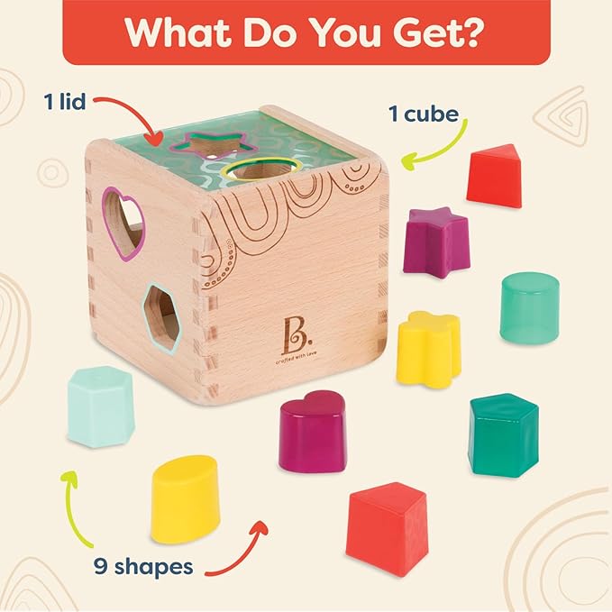 B. toys – Wonder Cube– Developmental Toy– Wooden Shape Sorter Cube – 9 Colorful Shapes – Educational Wooden Toy for Toddlers, Kids – 18+ Months