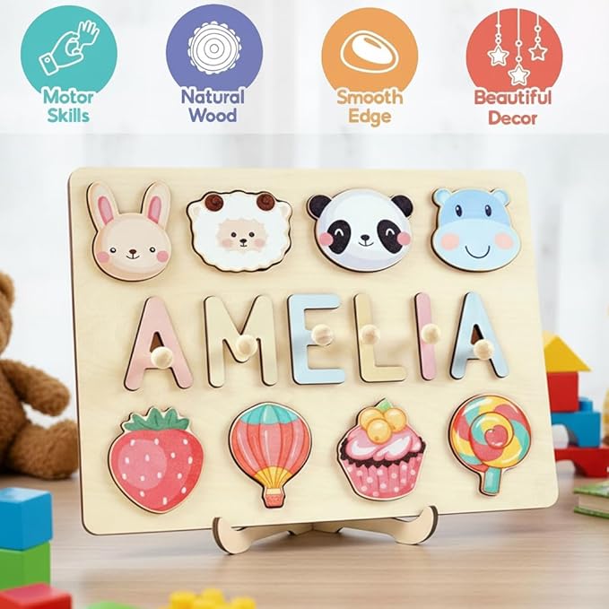 WNNNS Name Puzzles for Kids Easter Basket Stuffers Personalized Baby Gifts for Boys Girls Wooden Puzzle Toys for Toddler 1-3 Customized 1st Birthday Gifts Montessori Learning Toys with Gift Wrapping