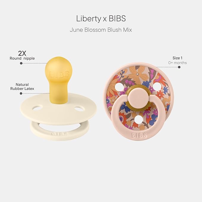 BiBS Liberty Pacifier 2-Pack, BPA Free Pacfiers with Natural Latex Round Nipple, Made in Scandinavia, Size 1 (0-6 Months), June Blossom Blush Mix