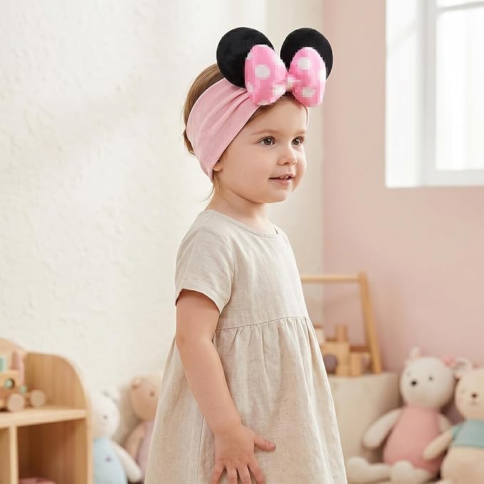 JIAHANG 3D Baby Girl Mouse Ears Turban Headwrap with Satin Polka Dot Bow, Wide Velvet Hairband, Hair Bow Headband for Infant Toddlers