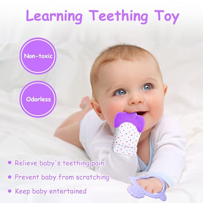Vicloon Silicone Teething Mitt, 2Pcs Baby Teething Mitten with Adjustable Strap, Crinkle Sound and Textured, Self Soothing Baby Chew Toys for 0-6 Month Infants
