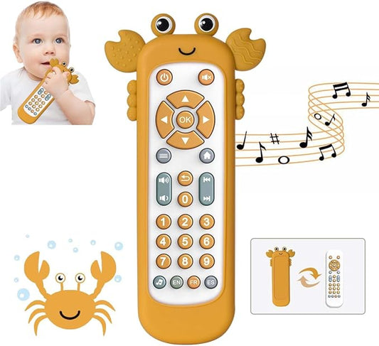 Baby TV Remote Control Toy with Soft Silicone Cute Carb Cover, Musical Realistic Play Remote Toy with Light and Sound, 3 Language Educational Learning Toy for 6M+ Boy and Girls(Yellow)