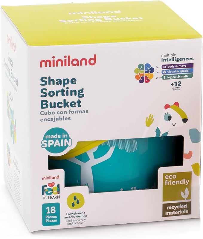 Miniland Feel to Learn Turquoise Shape Sorting Bucket for Children from 1 to 2 Years. 16 Multicolored Pieces with Different Shapes. Made in Spain with ECO Materials