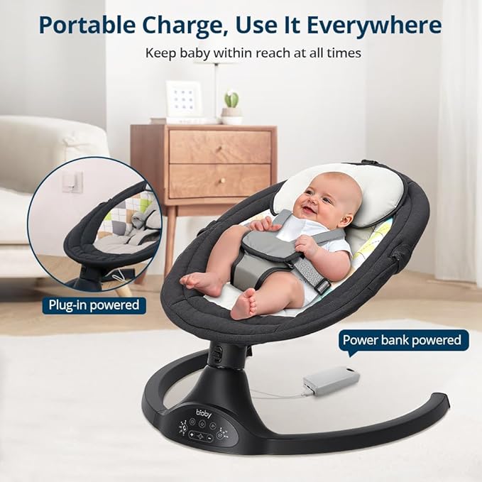 Bioby Baby Swing for Infants with 5 Natural Sway Speeds, Portable Bt Music Rocker with Remote Control&5-Point Harness, Lightweight Baby Rocker for 5-20 Lb,0-12 Months Black