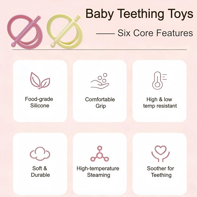 2-Pack Baby Teething Toys, Food Grade BPA-Free Silicone Baby Teether for 3-18 Months, Ring-Shaped Teething Toy for Babies, Multi-Textured Choke-Proof Easy Grip Teether for Infants (Pink&Yellow)
