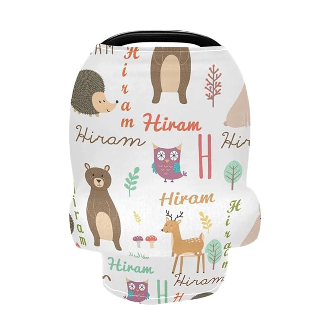 Personalized Baby Car Seat Cover with Name, Customized Multi Use Nursing Cover for Newborn Girl Boy, Cartoon Animal Carseat Canopy, Mom Nursing Breastfeeding Covers， Shower Gifts