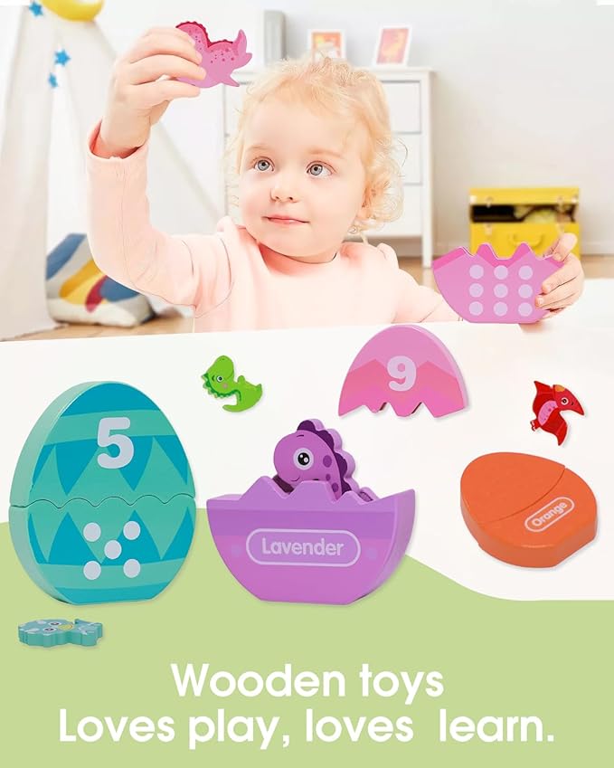 Toddlers Learning Toys Wooden Number Counting Montessori Educational Toys Matching Eggs Dinosaur Toys Sorting Fine Motor Games Christmas Birthday Easter Gift for Kids Boys Girls Ages 3+