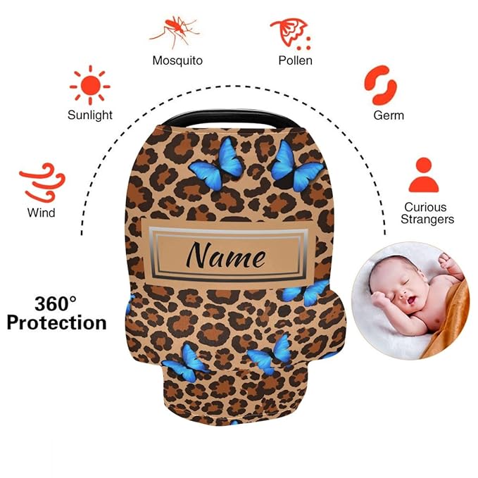Custom Blue Butterfly Leopard Cheetah Baby Car Seat Cover Personalized Your Name Nursing Covers Breastfeeding Scarf Infant Carseat Canopy for Mom Baby Gift