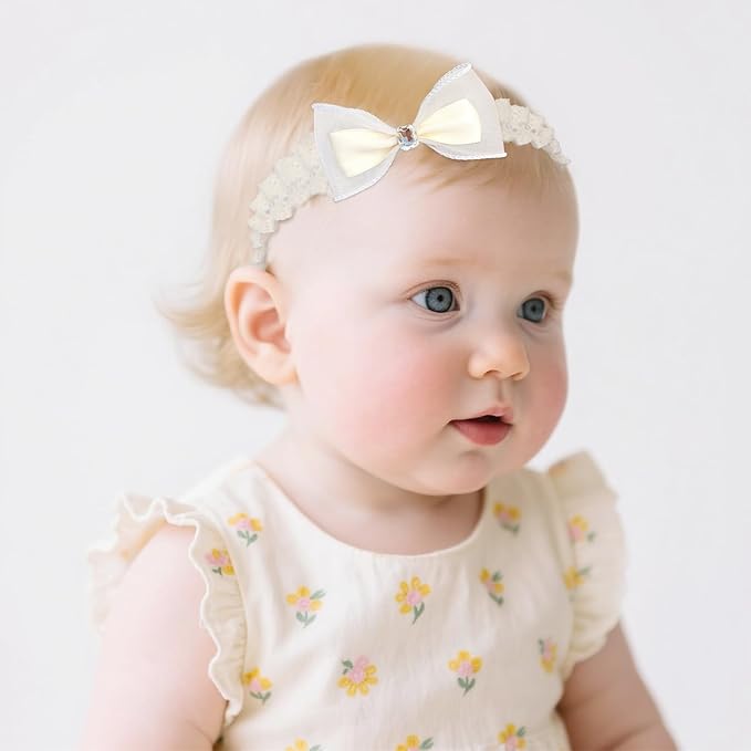 Baby Girls Hairbands bows Headband Stretchy Soft Flower Hairband Toddler Handmade Headbands with Pearls Elastic Headband for Infant Toddler Girl Hair Accessories (Diamond Bow, Elastic)