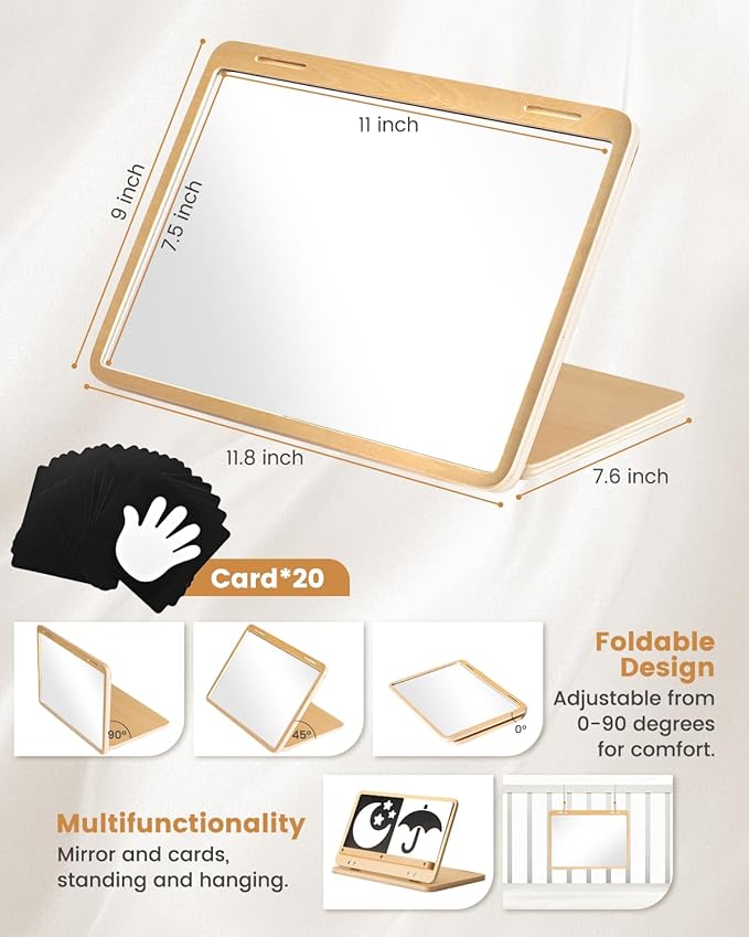 Tummy Time Mirror for Baby Montessori Baby Floor Mirror with High Contrast Black and White Cards Infant Safe Mirror Toy for Newborn