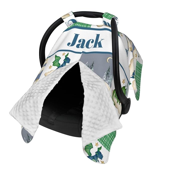 Personalized Baby Car Seat Canopy for Babies with Name, Custom Car Seat Covers for Boys Girls, Cute Dragon Green Nursing Breastfeeding Stroller Cover Infant Carseat Canopies for Newborn