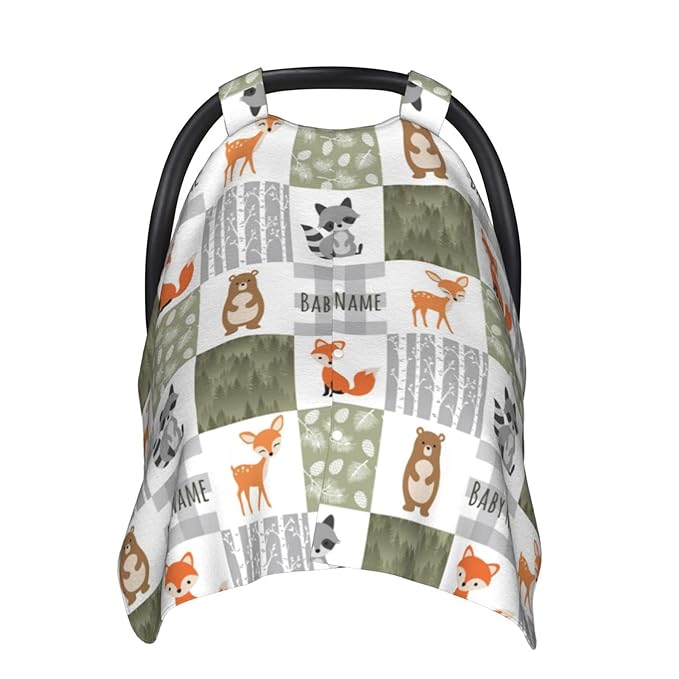 Personalized Woodland Animals Baby Car Seat Canopy for Babies with Name, Custom Stroller Car Seat Covers for Girls Boy, Minky Nursing Carseat Cover for Breastfeeding, Car Seat Canopies for Newborn