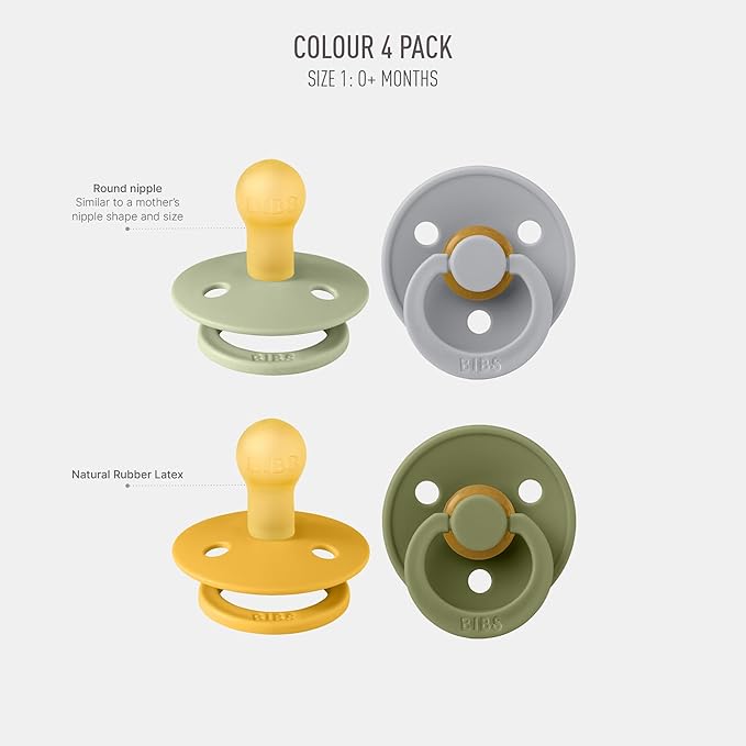 BIBS Pacifiers - Color 4 Pack | Round Nipple Baby Pacifier | BPA Free Natural Rubber Latex Soother | Made in Europe | Size 0-6 Months | Garden Colors